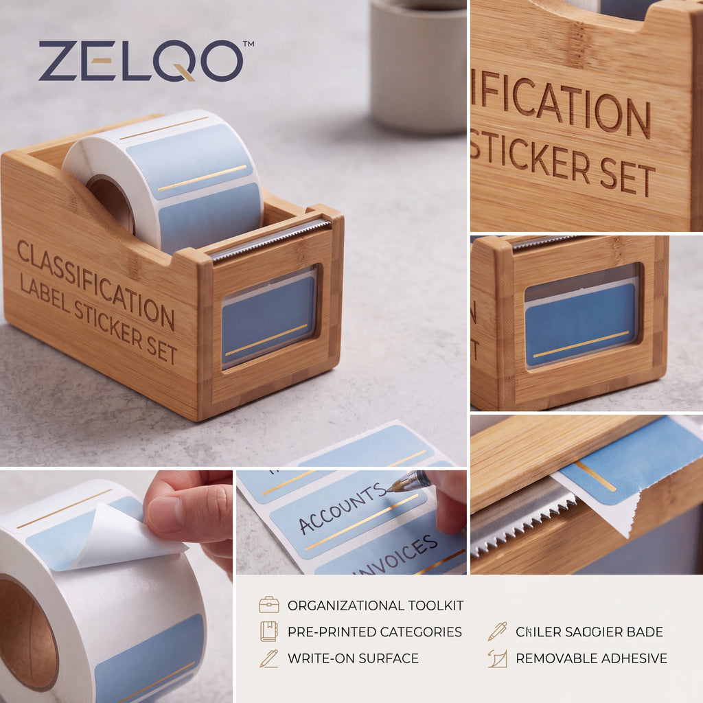 ZELQO™ 🏷️ Bamboo Label Dispenser – Removable Write-On Index Sticker Roll for Office Filing & Desk Organization
