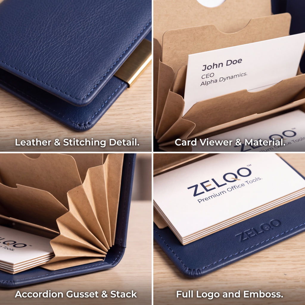 ZELQO™ 📁 Portable Business Card Portfolio – Compact Leather Organizer with Tiered Display Pockets