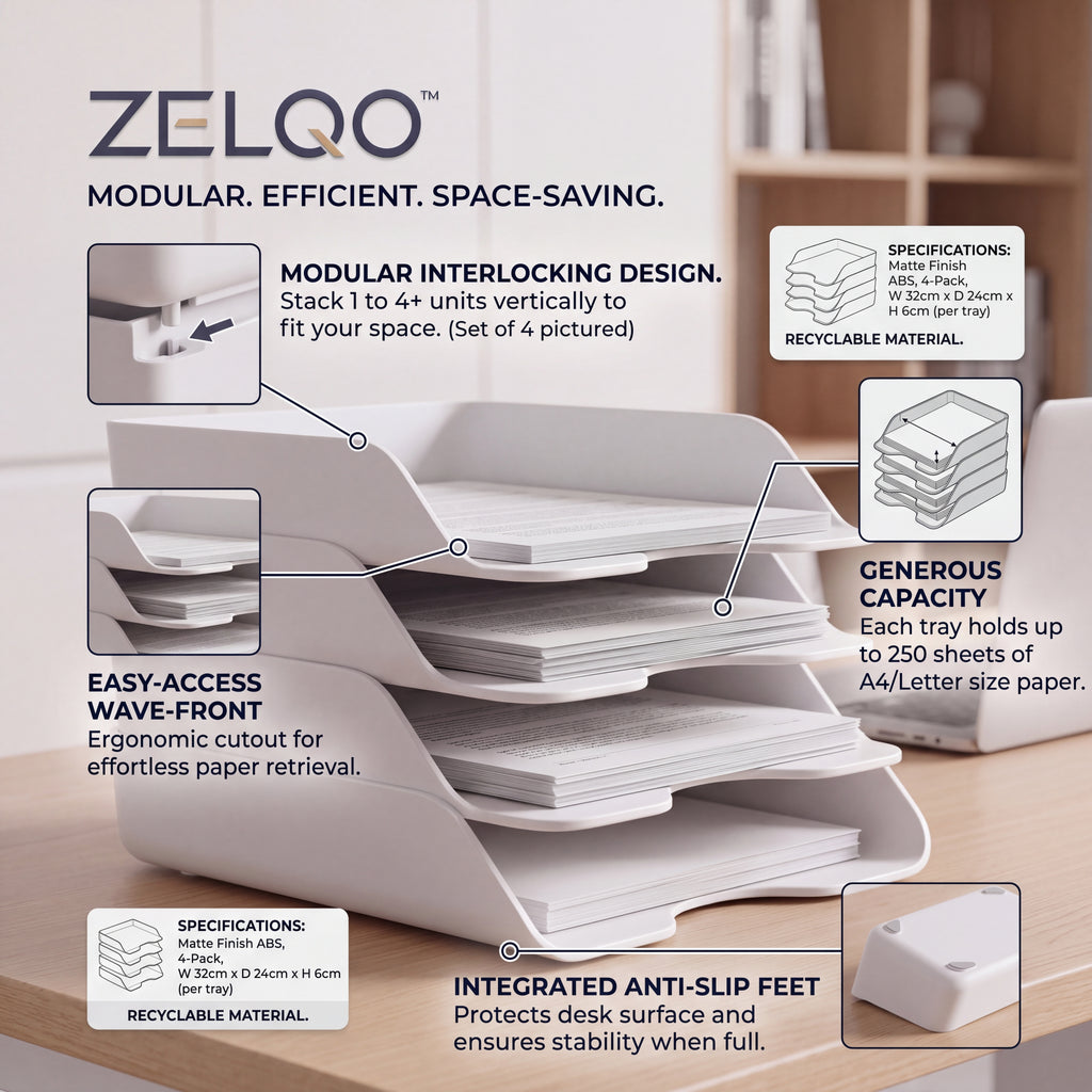 ZELQO™ 4-Tier Modular Desktop File Organizer – Stackable Wave Design for Letters, Papers & Documents