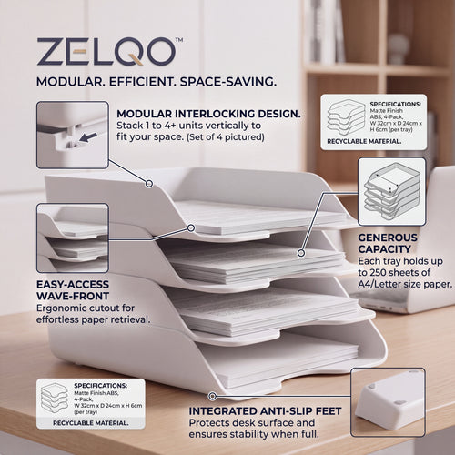 ZELQO™ 4-Tier Modular Desktop File Organizer – Stackable Wave Design for Letters, Papers & Documents