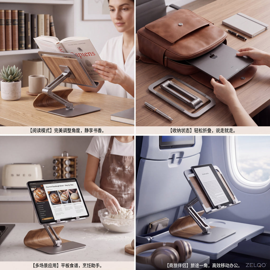 ZELQO™ FlexiView™ 📚 Adjustable Book & Tablet Stand – Foldable Aluminum & Wood Desk Holder