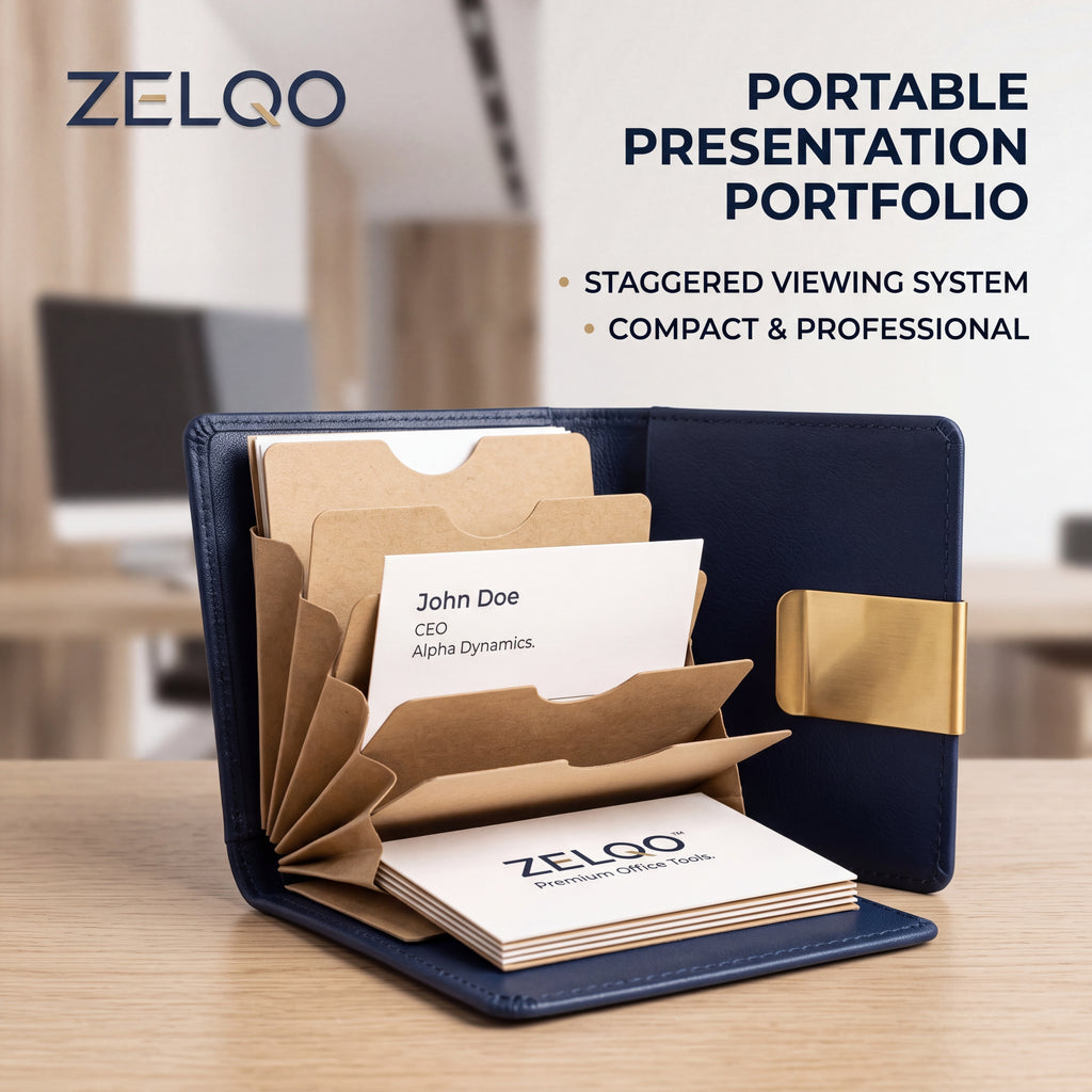 ZELQO™ 📁 Portable Business Card Portfolio – Compact Leather Organizer with Tiered Display Pockets