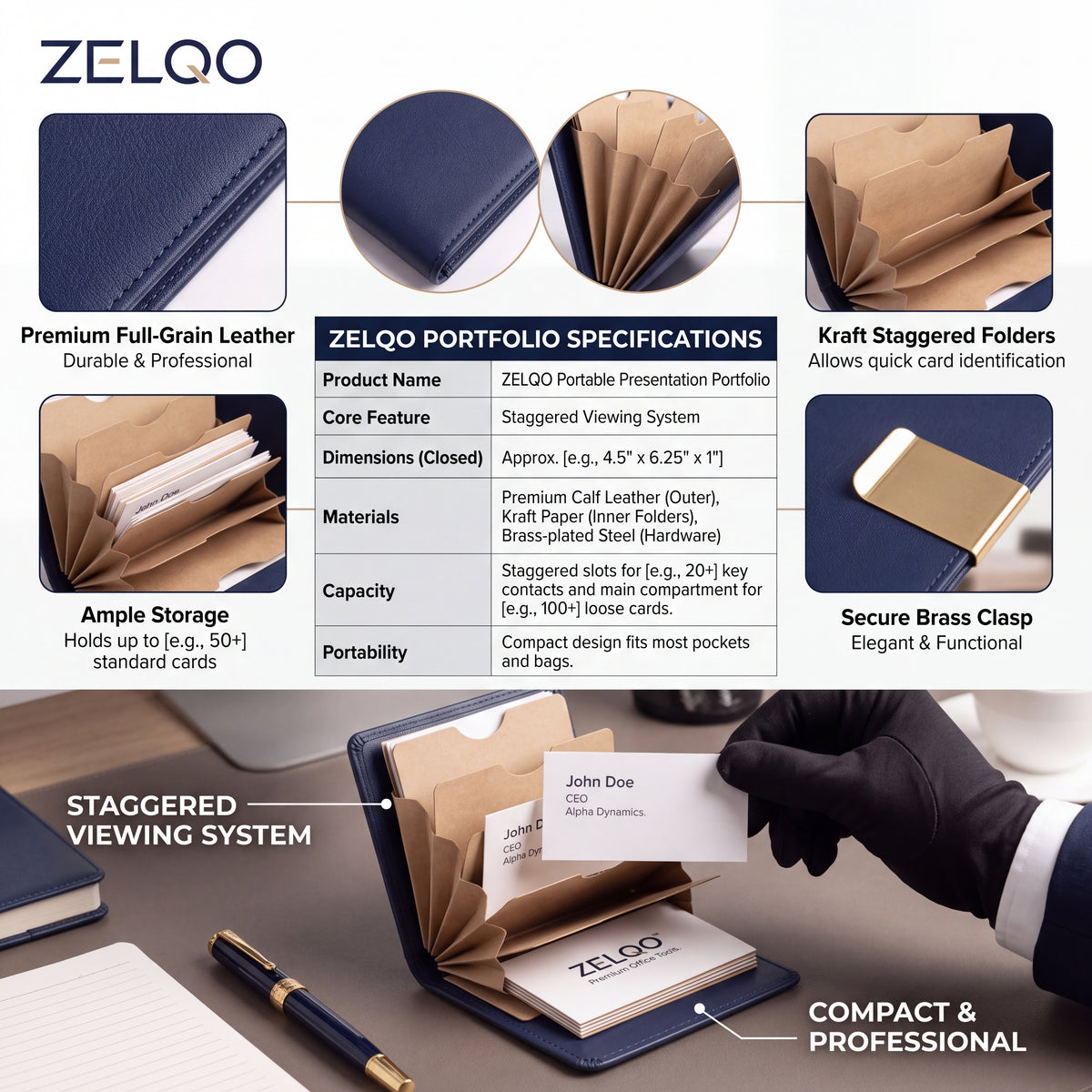 ZELQO™ 📁 Portable Business Card Portfolio – Compact Leather Organizer with Tiered Display Pockets