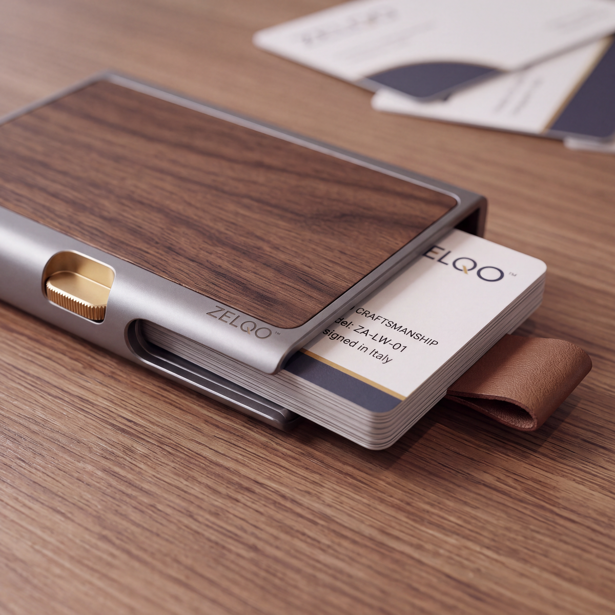 ZELQO™ Aluminum & Wood Business Card Holder – Slim Minimalist Card Case with Leather Pull Tab