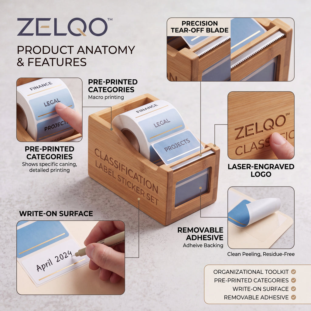 ZELQO™ 🏷️ Bamboo Label Dispenser – Removable Write-On Index Sticker Roll for Office Filing & Desk Organization