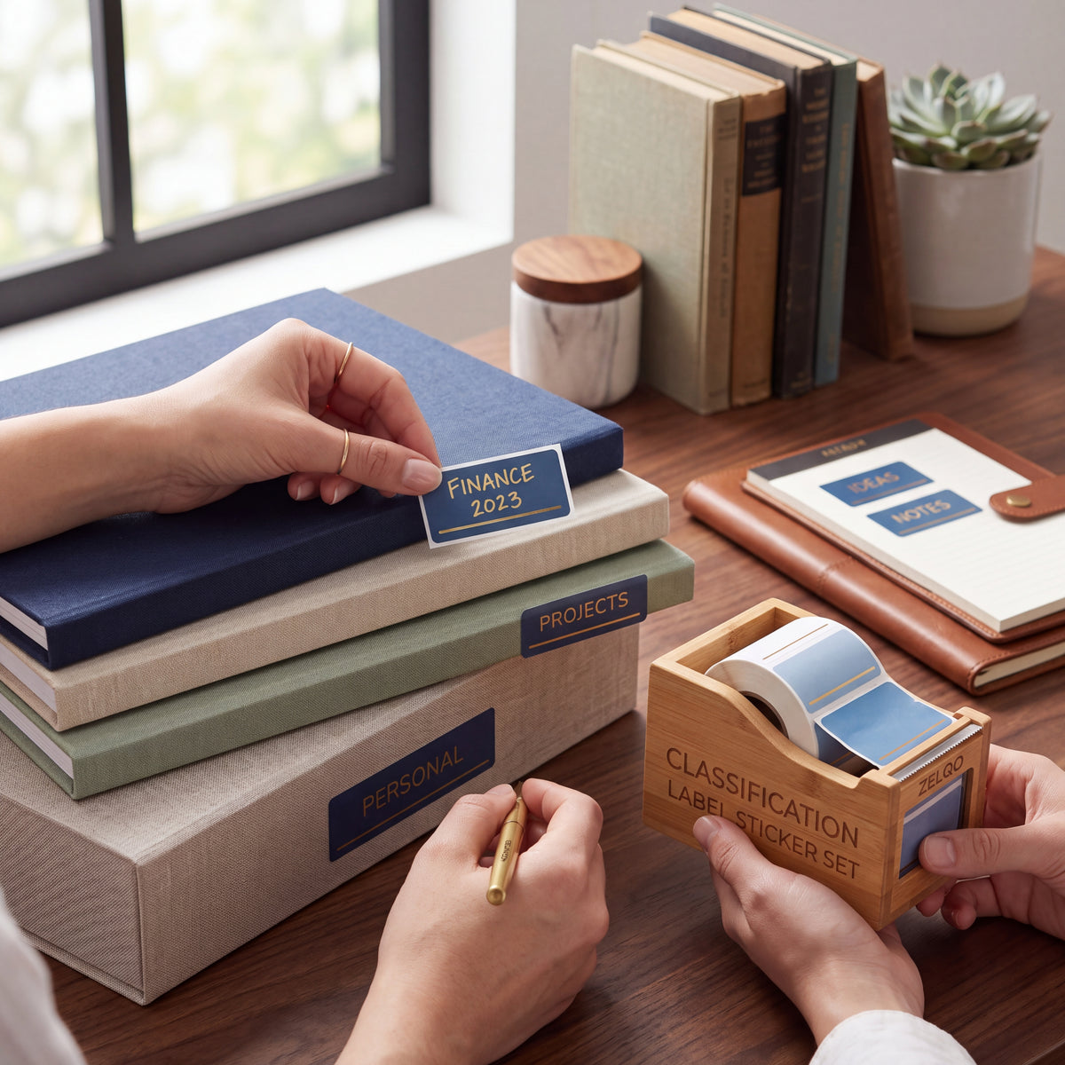 ZELQO™ 🏷️ Bamboo Label Dispenser – Removable Write-On Index Sticker Roll for Office Filing & Desk Organization
