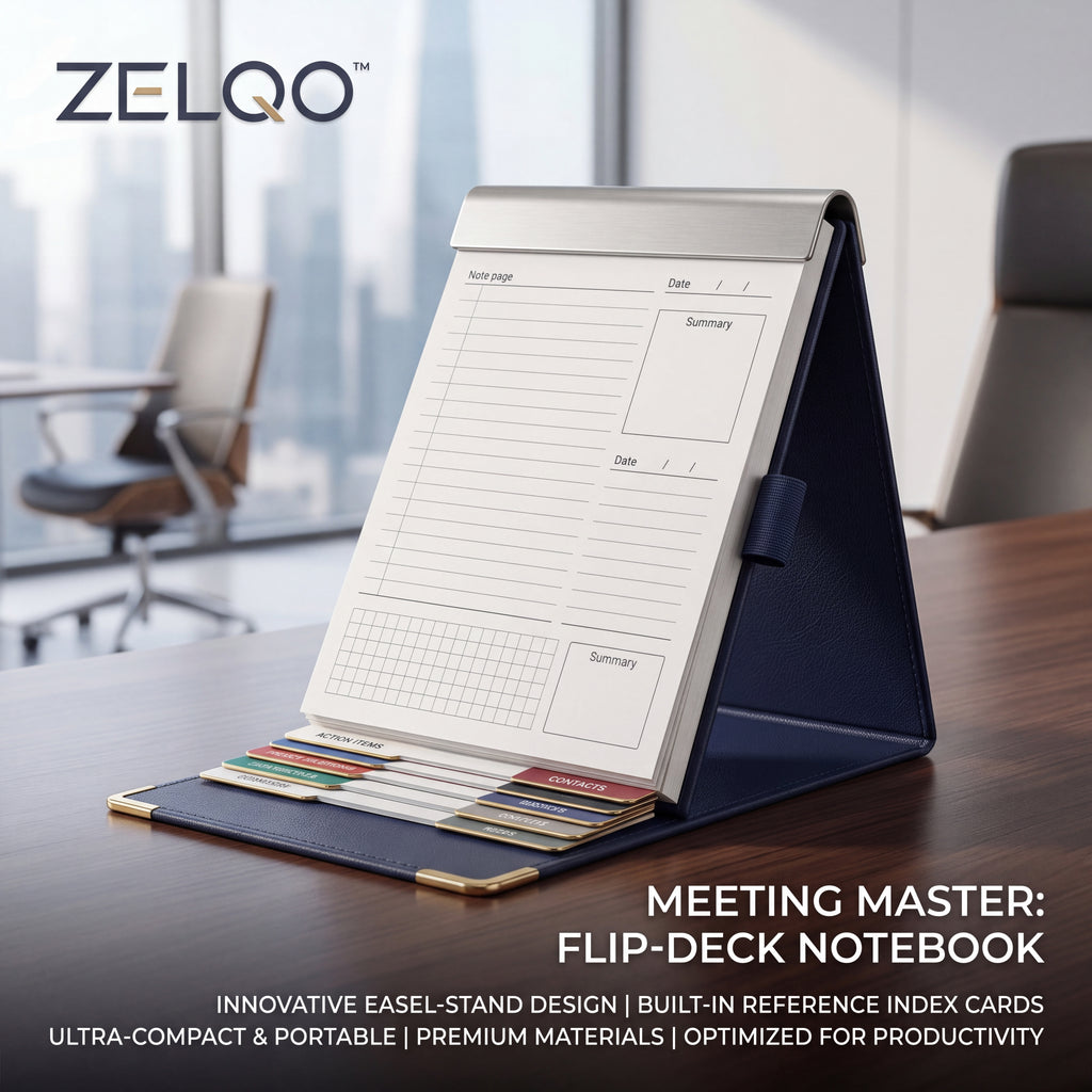 ZELQO™ 📓 Flip-Deck Meeting Notebook – Standing Desktop Notepad with Built-In Reference Cards & Pen Loop