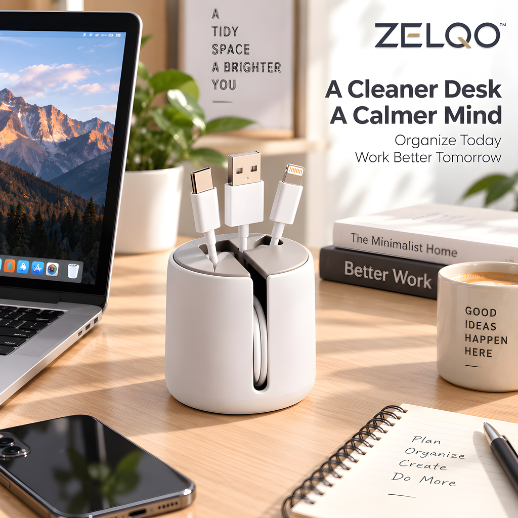 ZELQO Smart Desk Cable Organizer – 3-in-1 Compact Cable Winder & Cord Holder, Minimalist Desktop Wire Management