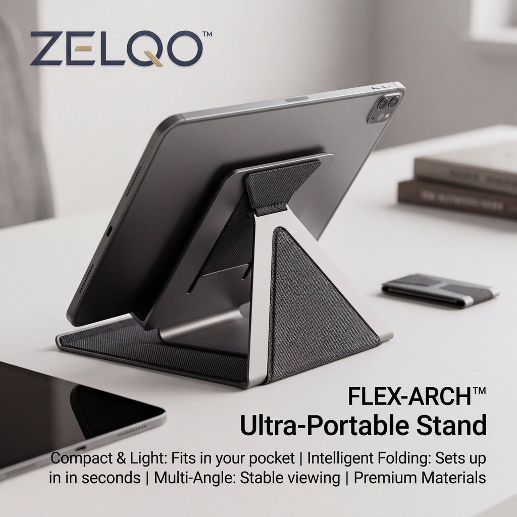 ZELQO™ FLEX-ARCH™ 📱 Foldable Tablet Stand – Ultra-Portable Multi-Angle Desk Stand in Lightweight Aluminum & Woven Fabric