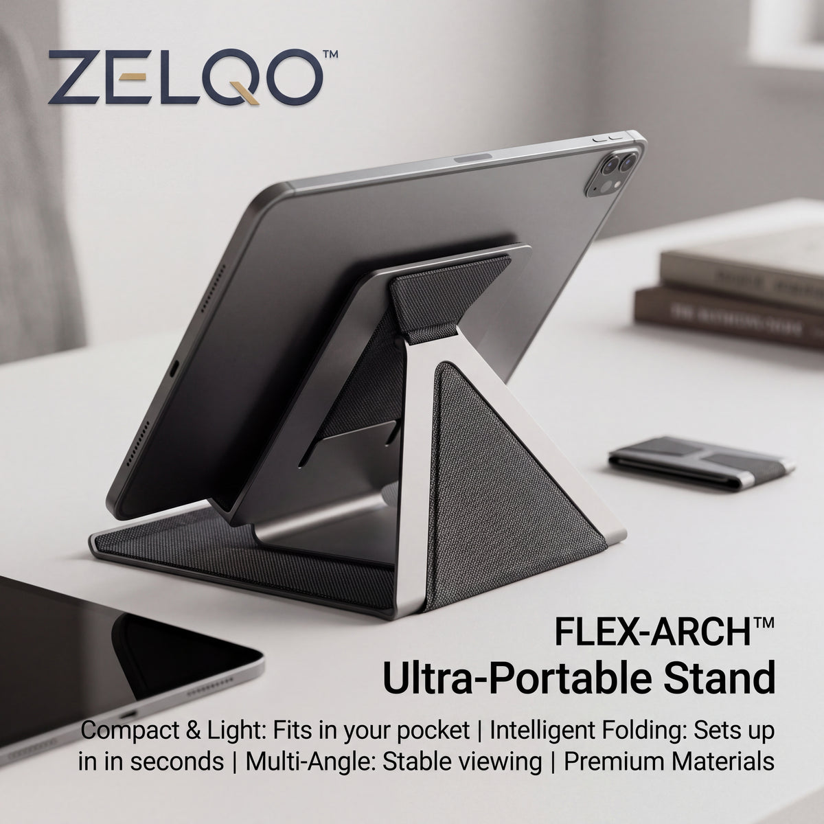 ZELQO™ FLEX-ARCH™ 📱 Foldable Tablet Stand – Ultra-Portable Multi-Angle Desk Stand in Lightweight Aluminum & Woven Fabric
