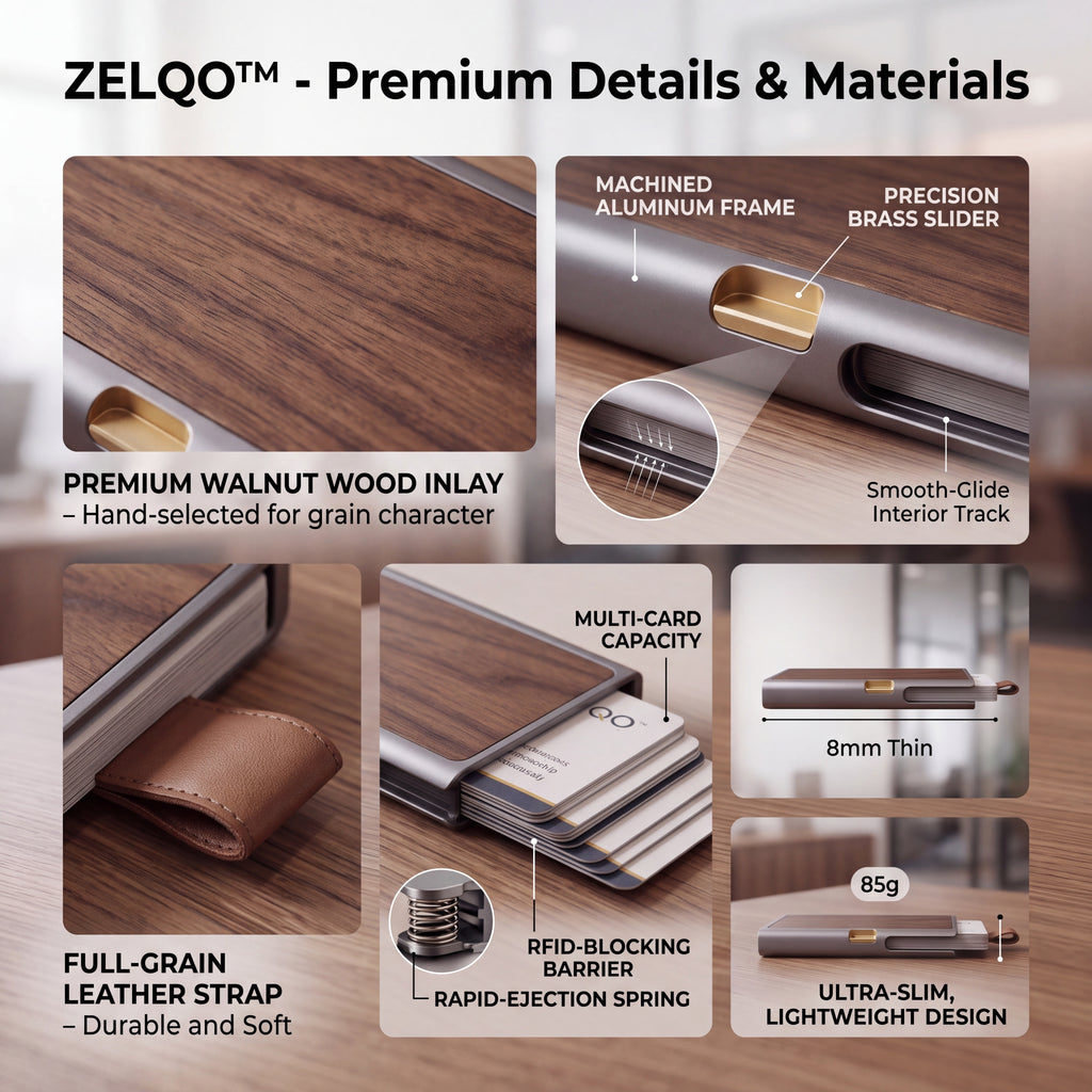 ZELQO™ Aluminum & Wood Business Card Holder – Slim Minimalist Card Case with Leather Pull Tab