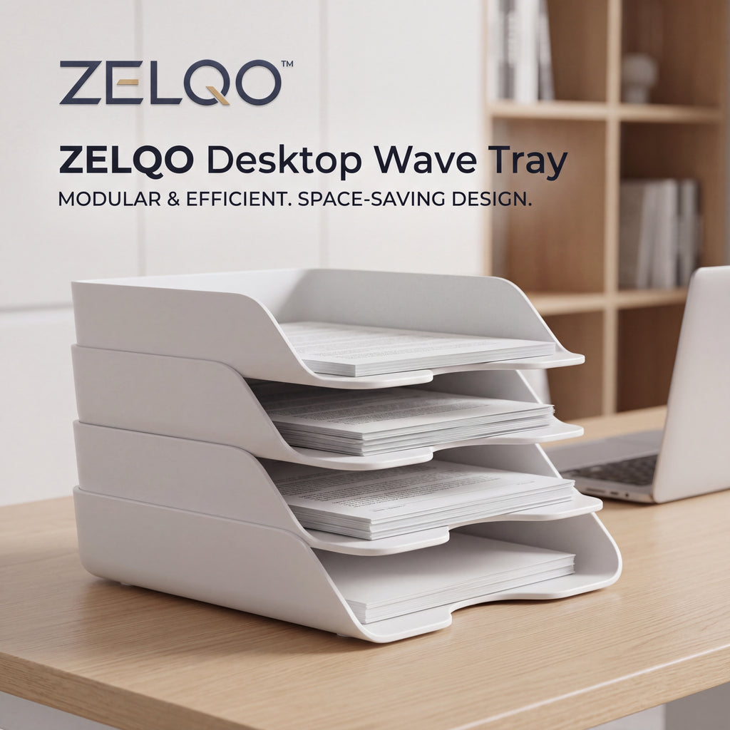 ZELQO™ 4-Tier Modular Desktop File Organizer – Stackable Wave Design for Letters, Papers & Documents