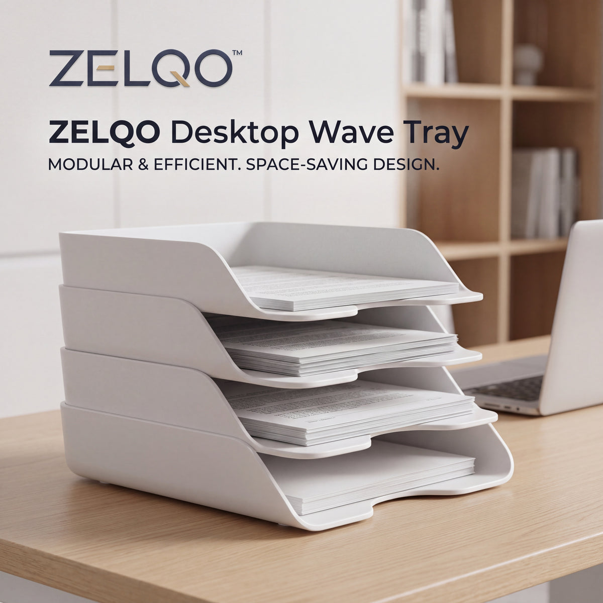 ZELQO™ 4-Tier Modular Desktop File Organizer – Stackable Wave Design for Letters, Papers & Documents