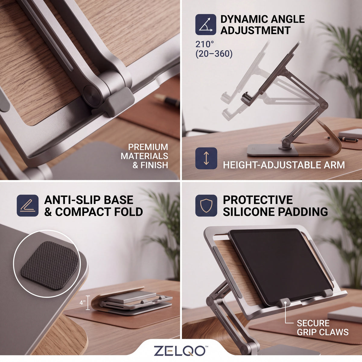 ZELQO™ FlexiView™ 📚 Adjustable Book & Tablet Stand – Foldable Aluminum & Wood Desk Holder