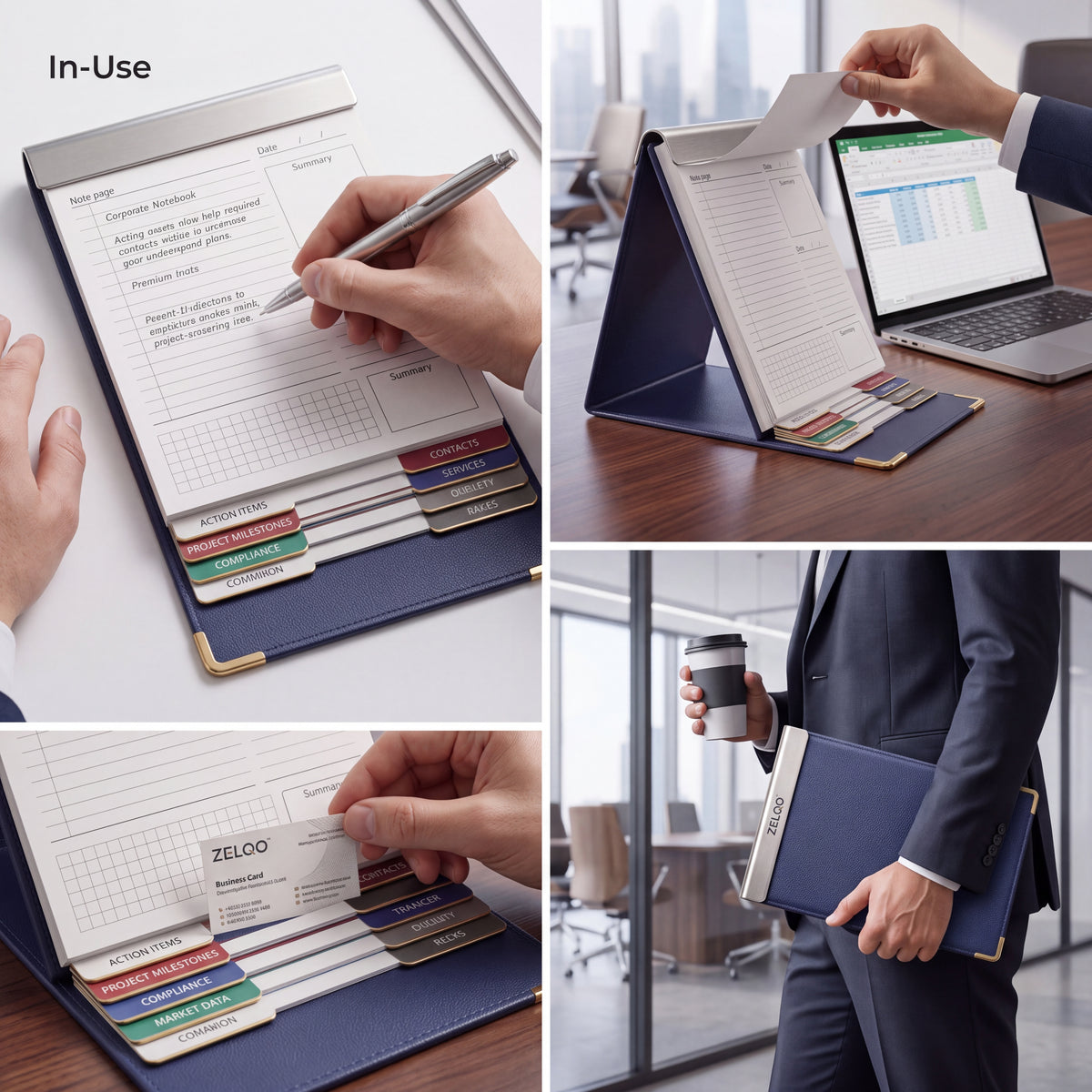 ZELQO™ 📓 Flip-Deck Meeting Notebook – Standing Desktop Notepad with Built-In Reference Cards & Pen Loop