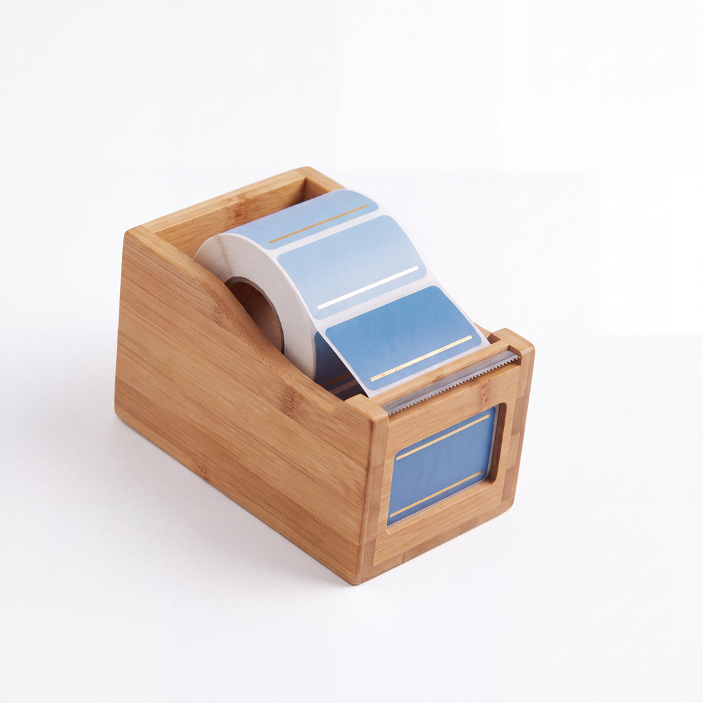 ZELQO™ 🏷️ Bamboo Label Dispenser – Removable Write-On Index Sticker Roll for Office Filing & Desk Organization