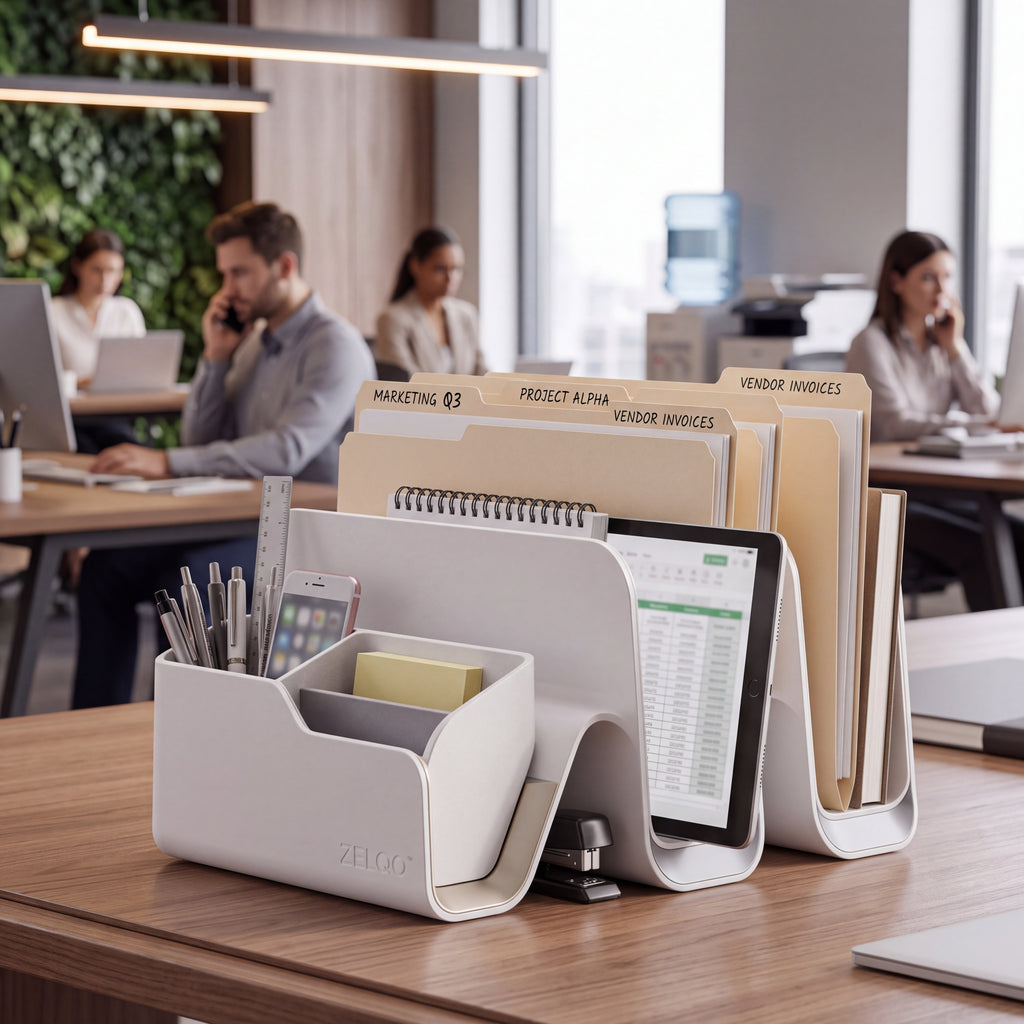 ZELQO™ Crescent Desktop Organizer – Modular Curved Wood File & Document Storage