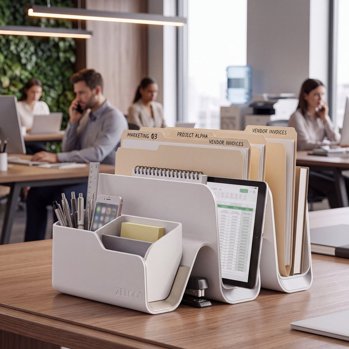 ZELQO™ Crescent Desktop Organizer – Modular Curved Wood File & Document Storage