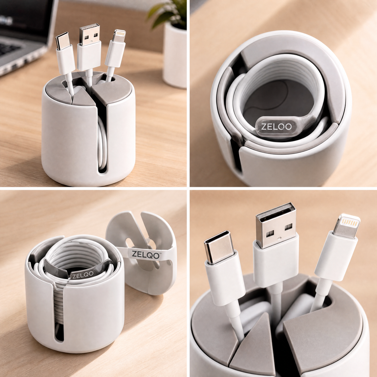ZELQO Smart Desk Cable Organizer – 3-in-1 Compact Cable Winder & Cord Holder, Minimalist Desktop Wire Management