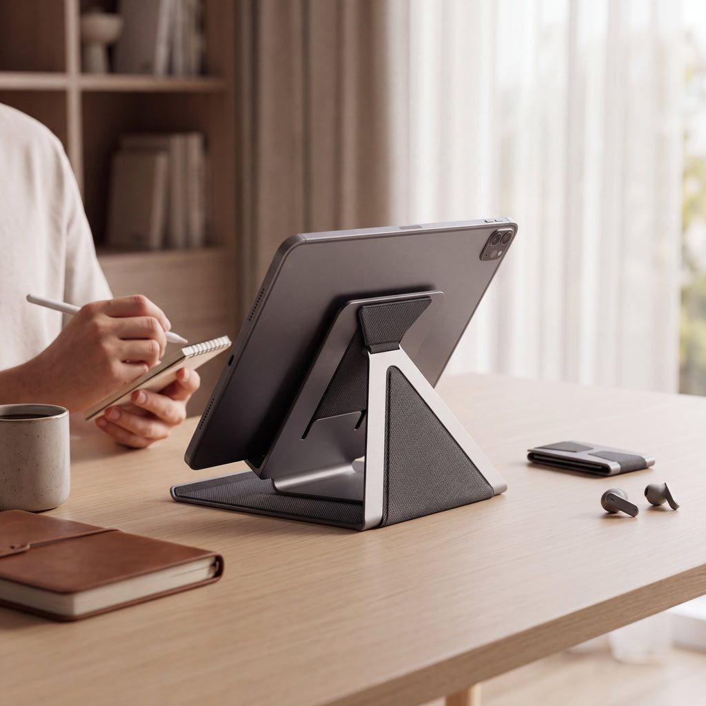 ZELQO™ FLEX-ARCH™ 📱 Foldable Tablet Stand – Ultra-Portable Multi-Angle Desk Stand in Lightweight Aluminum & Woven Fabric