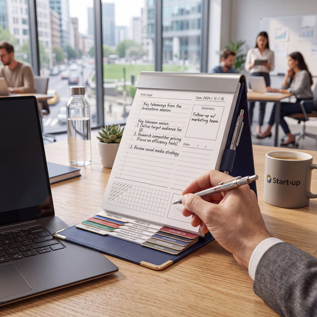 ZELQO™ 📓 Flip-Deck Meeting Notebook – Standing Desktop Notepad with Built-In Reference Cards & Pen Loop