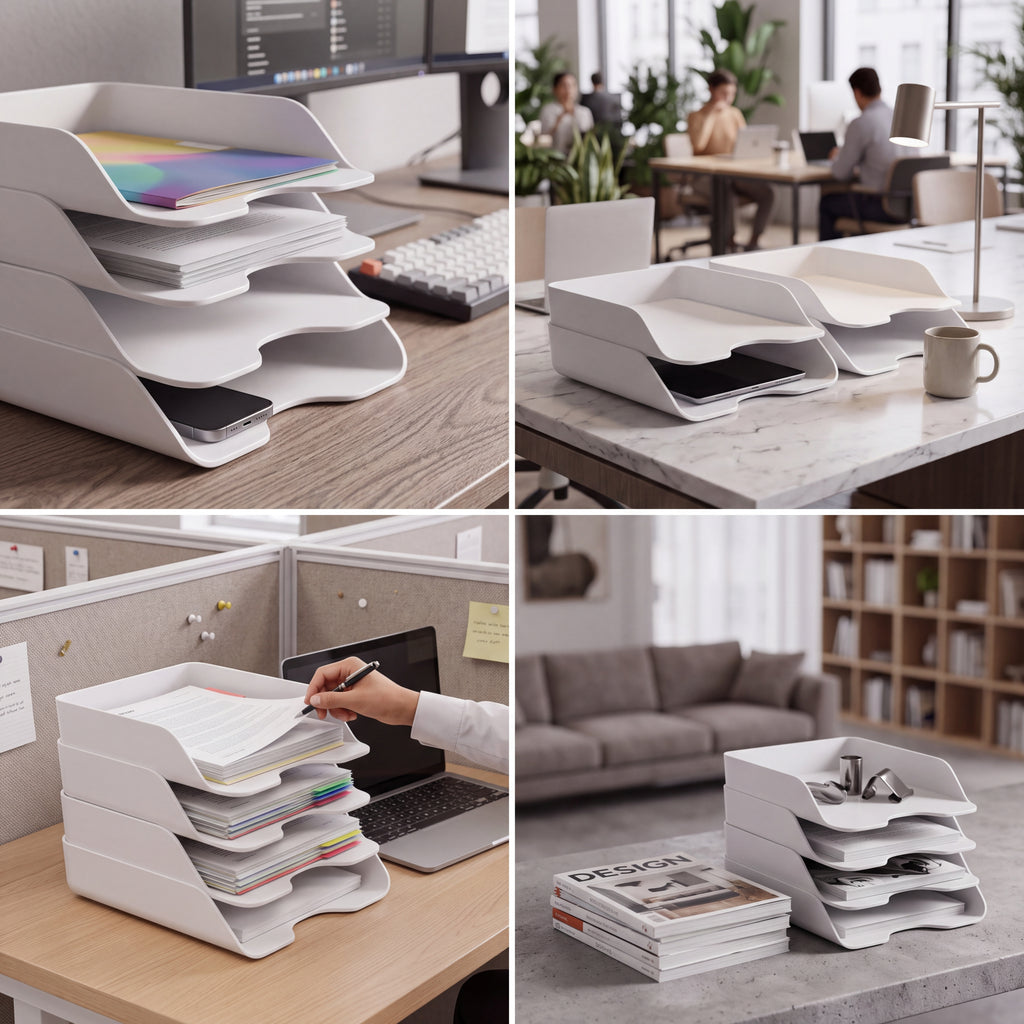 ZELQO™ 4-Tier Modular Desktop File Organizer – Stackable Wave Design for Letters, Papers & Documents