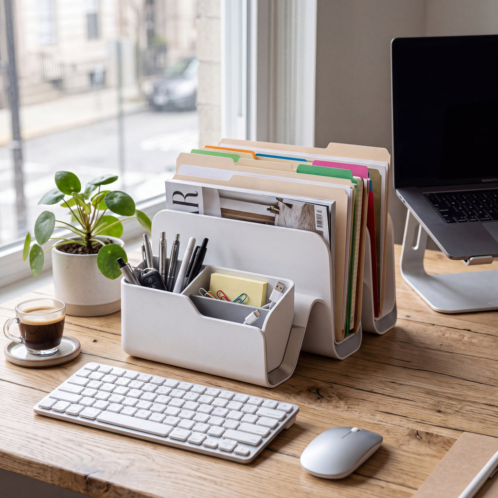 ZELQO™ Crescent Desktop Organizer – Modular Curved Wood File & Document Storage
