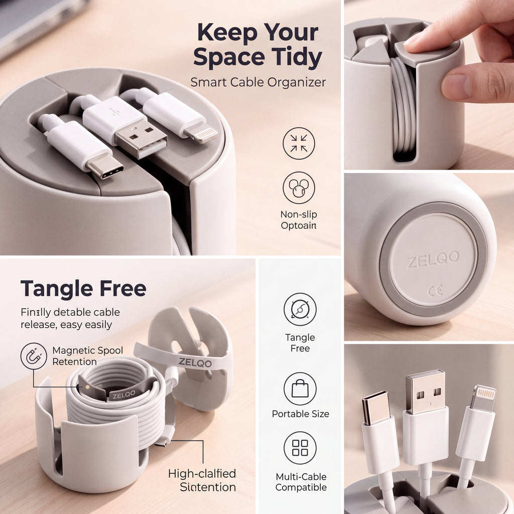 ZELQO Smart Desk Cable Organizer – 3-in-1 Compact Cable Winder & Cord Holder, Minimalist Desktop Wire Management