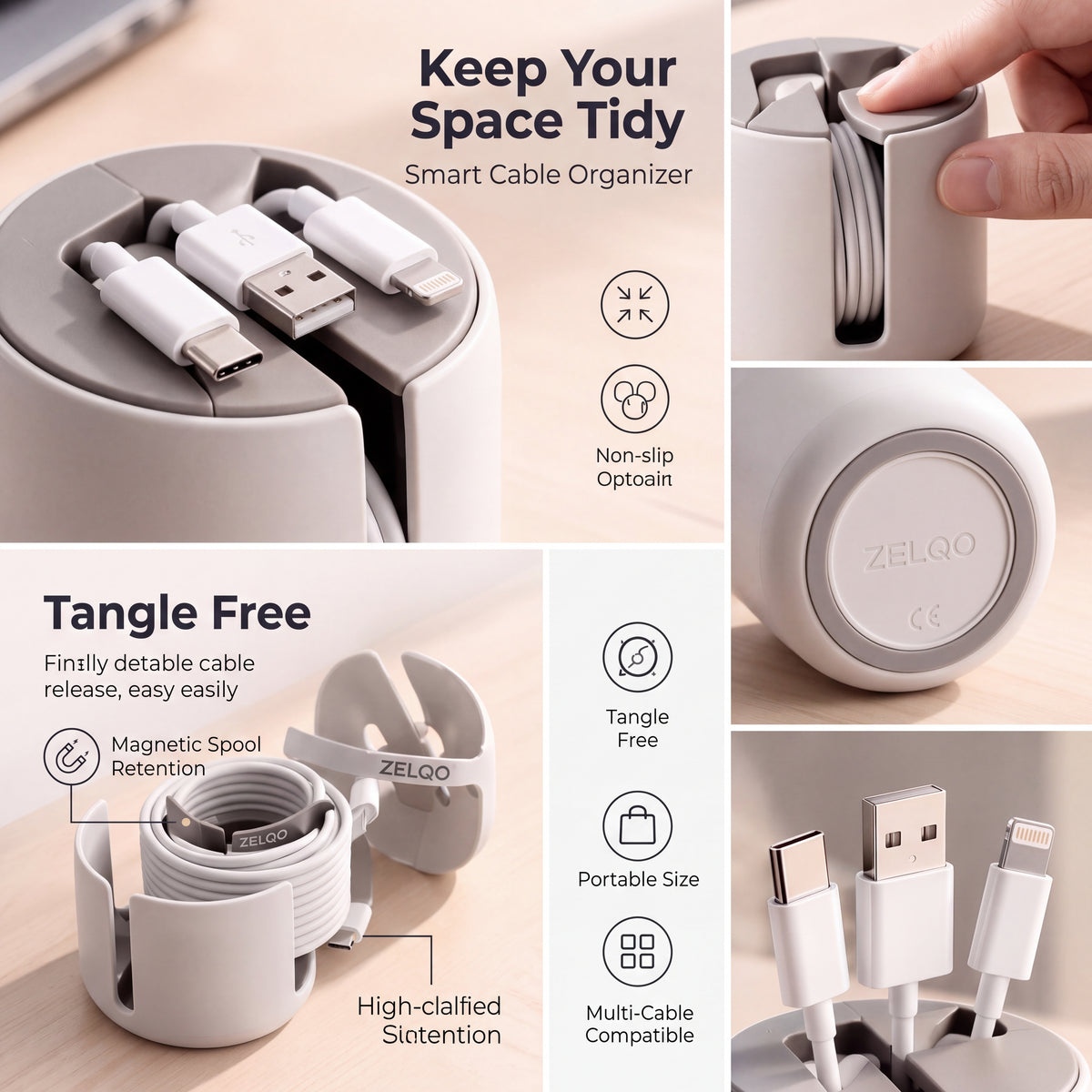 ZELQO Smart Desk Cable Organizer – 3-in-1 Compact Cable Winder & Cord Holder, Minimalist Desktop Wire Management