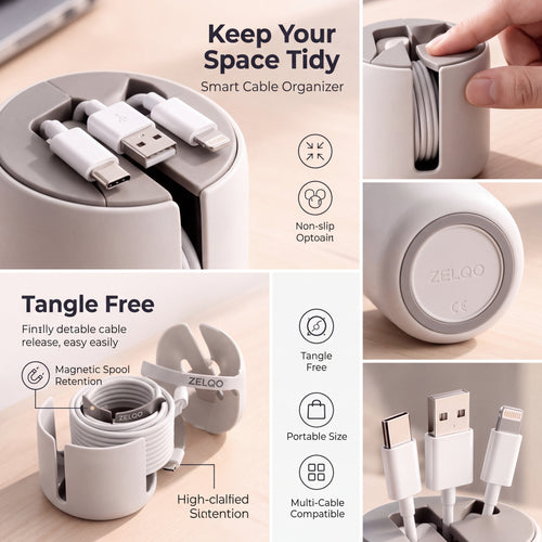 ZELQO Smart Desk Cable Organizer – 3-in-1 Compact Cable Winder & Cord Holder, Minimalist Desktop Wire Management