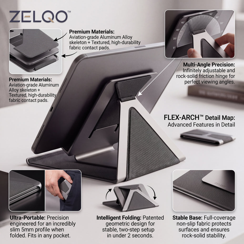 ZELQO™ FLEX-ARCH™ 📱 Foldable Tablet Stand – Ultra-Portable Multi-Angle Desk Stand in Lightweight Aluminum & Woven Fabric