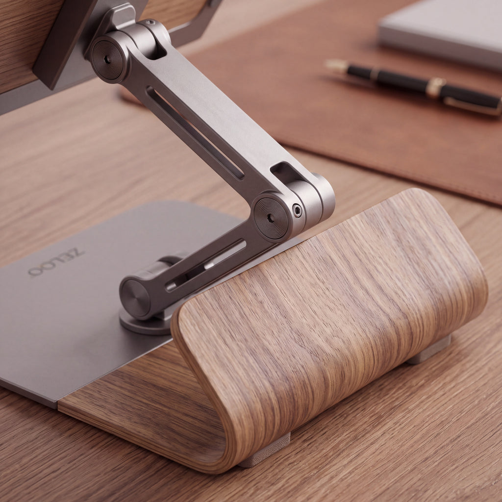 ZELQO™ FlexiView™ 📚 Adjustable Book & Tablet Stand – Foldable Aluminum & Wood Desk Holder