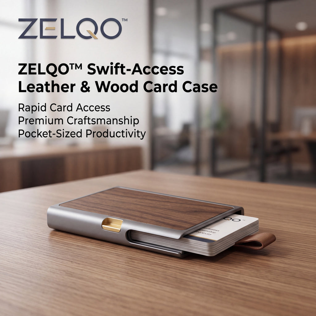 ZELQO™ Aluminum & Wood Business Card Holder – Slim Minimalist Card Case with Leather Pull Tab