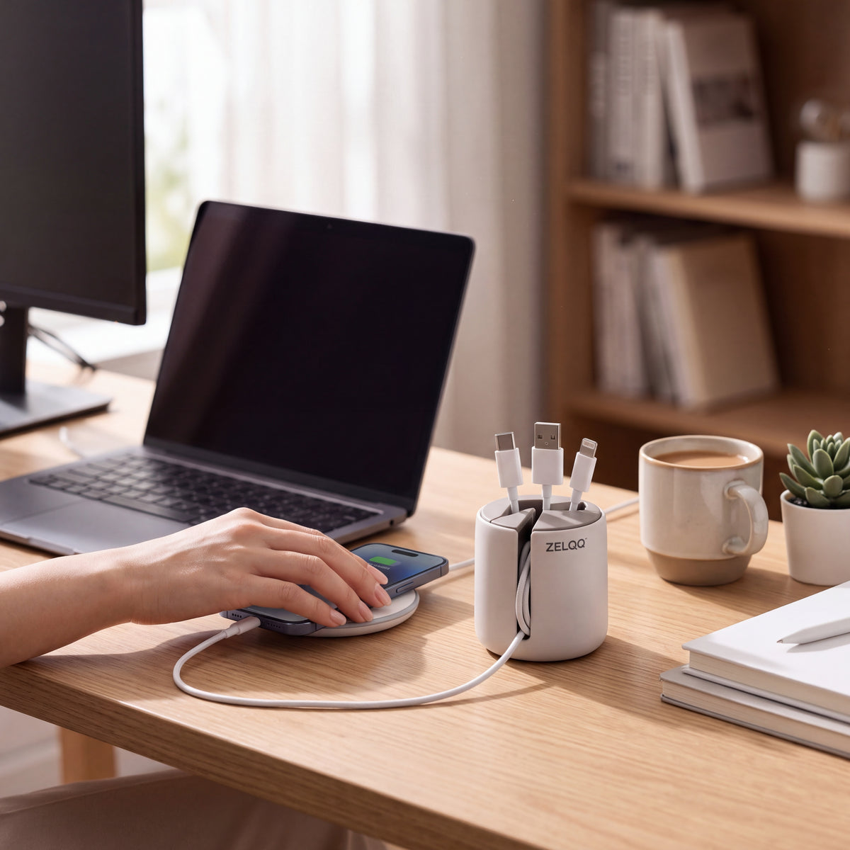 ZELQO Smart Desk Cable Organizer – 3-in-1 Compact Cable Winder & Cord Holder, Minimalist Desktop Wire Management