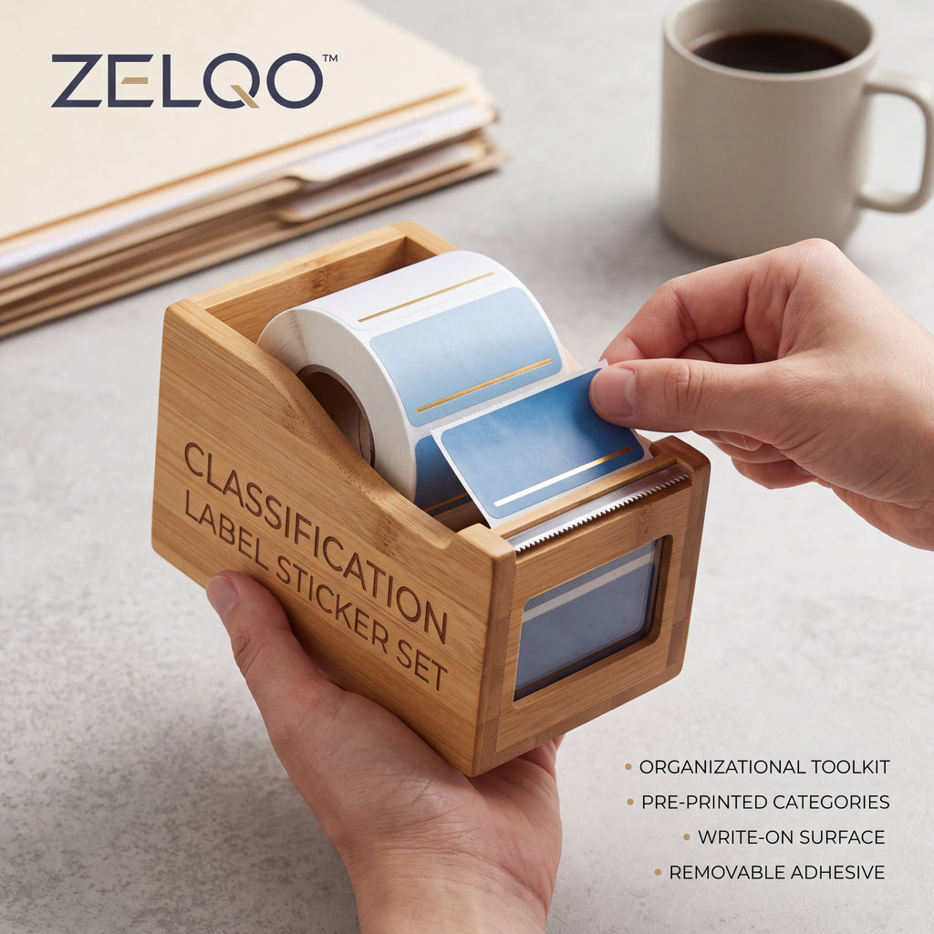 ZELQO™ 🏷️ Bamboo Label Dispenser – Removable Write-On Index Sticker Roll for Office Filing & Desk Organization