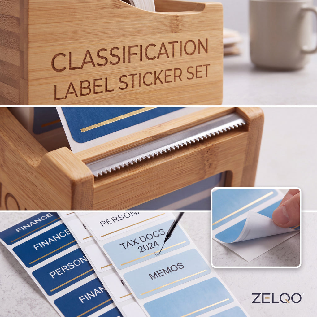 ZELQO™ 🏷️ Bamboo Label Dispenser – Removable Write-On Index Sticker Roll for Office Filing & Desk Organization