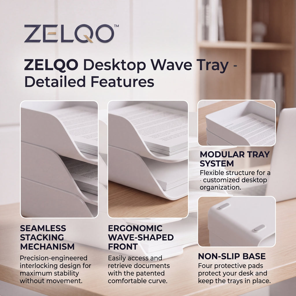 ZELQO™ 4-Tier Modular Desktop File Organizer – Stackable Wave Design for Letters, Papers & Documents