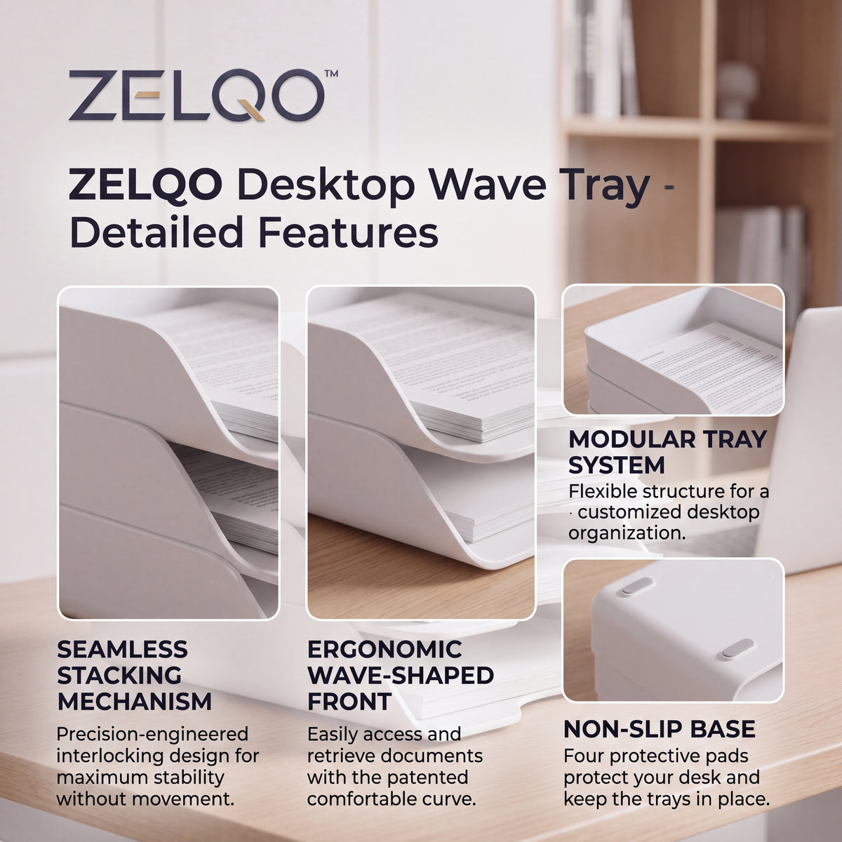 ZELQO™ 4-Tier Modular Desktop File Organizer – Stackable Wave Design for Letters, Papers & Documents