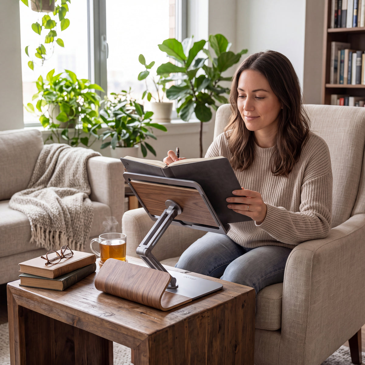 ZELQO™ FlexiView™ 📚 Adjustable Book & Tablet Stand – Foldable Aluminum & Wood Desk Holder