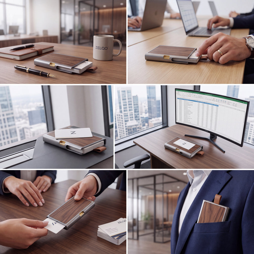 ZELQO™ Aluminum & Wood Business Card Holder – Slim Minimalist Card Case with Leather Pull Tab