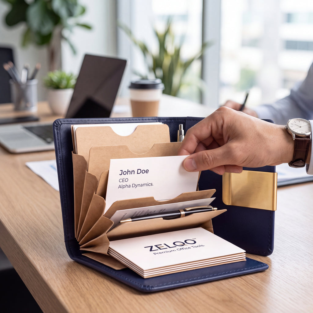 ZELQO™ 📁 Portable Business Card Portfolio – Compact Leather Organizer with Tiered Display Pockets