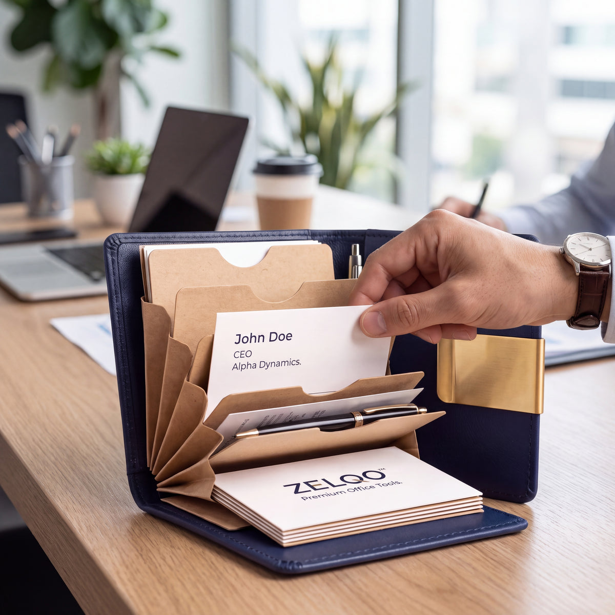 ZELQO™ 📁 Portable Business Card Portfolio – Compact Leather Organizer with Tiered Display Pockets