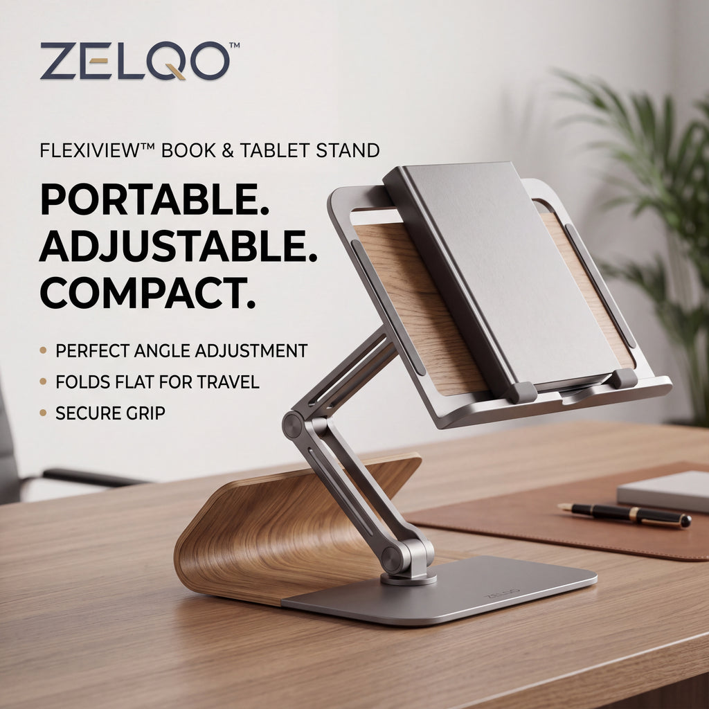 ZELQO™ FlexiView™ 📚 Adjustable Book & Tablet Stand – Foldable Aluminum & Wood Desk Holder