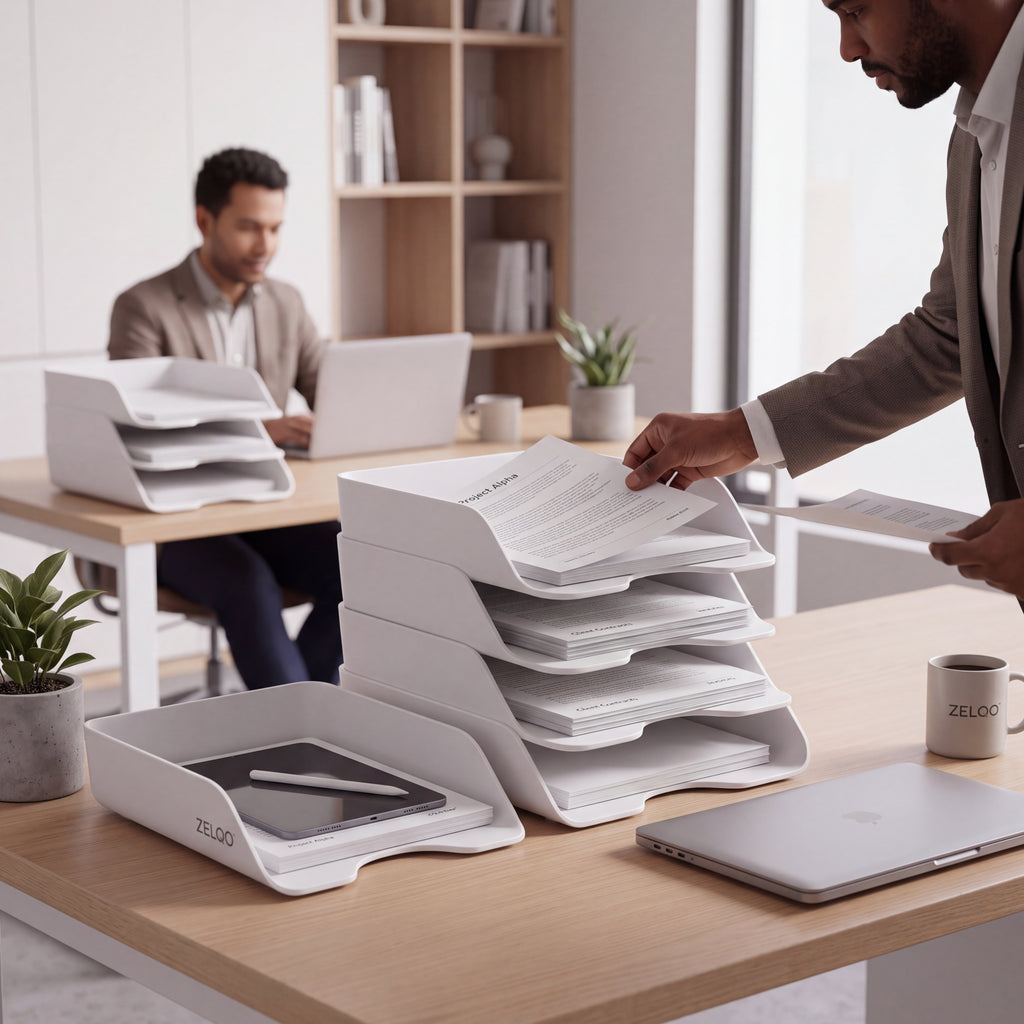ZELQO™ 4-Tier Modular Desktop File Organizer – Stackable Wave Design for Letters, Papers & Documents