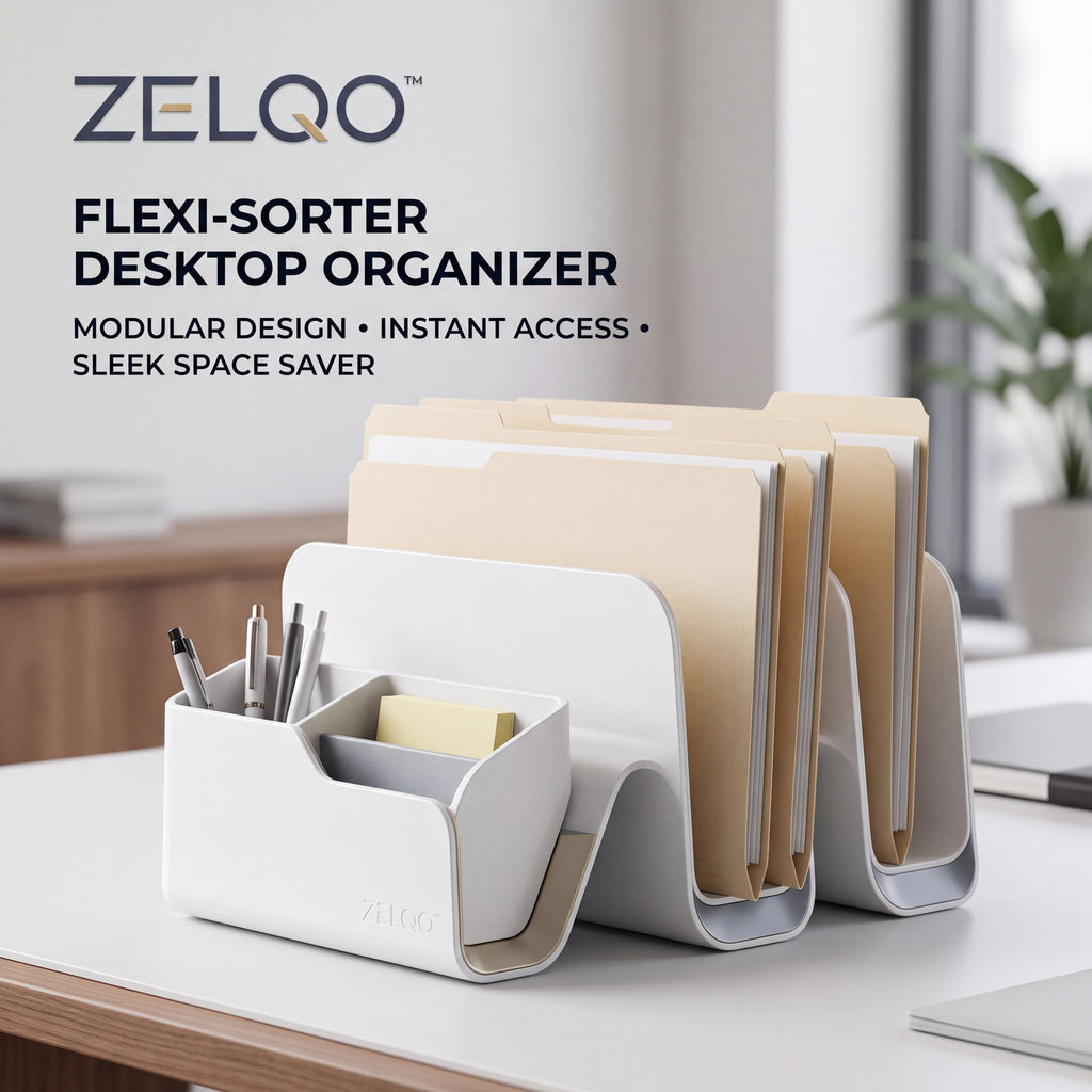 ZELQO™ Crescent Desktop Organizer – Modular Curved Wood File & Document Storage