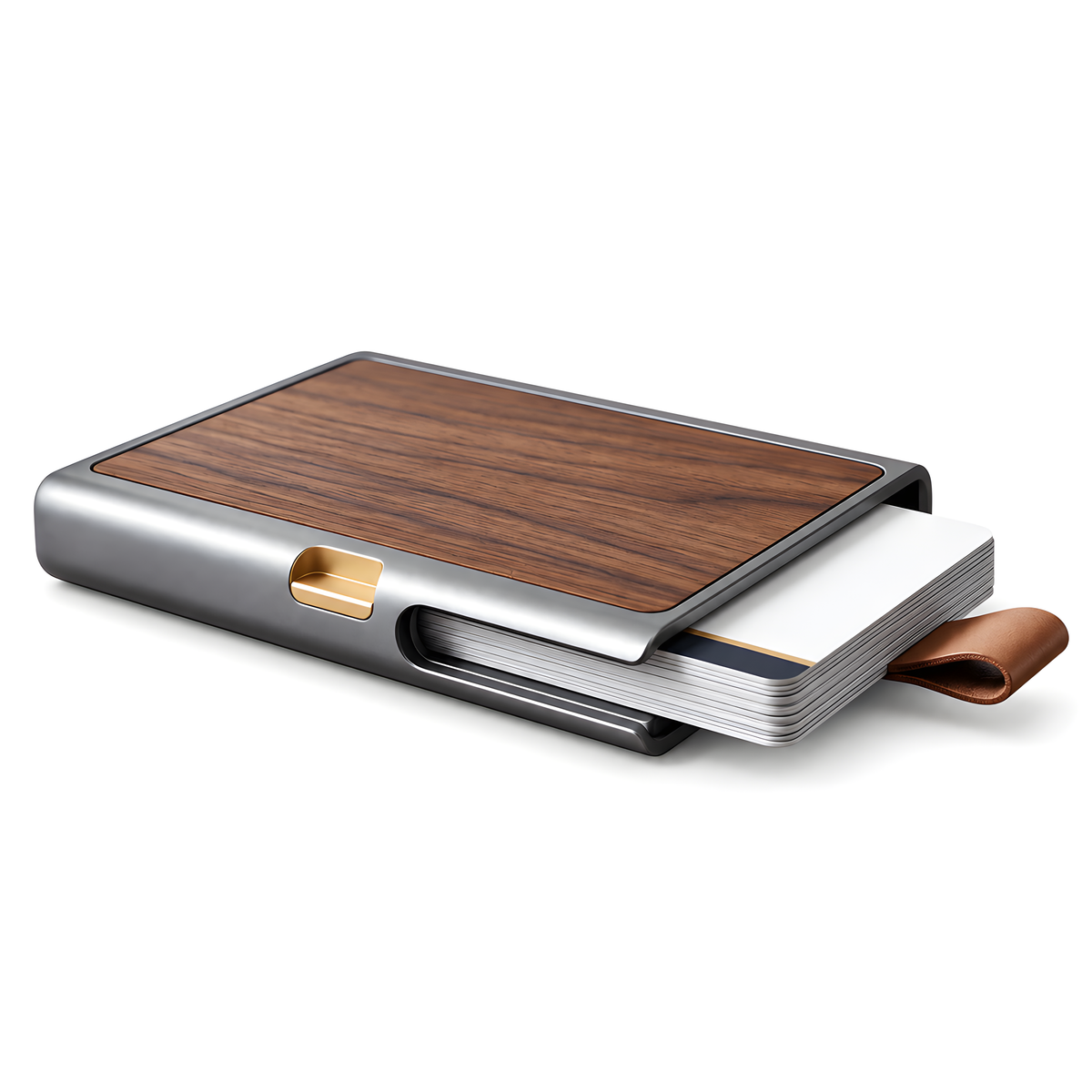ZELQO™ Aluminum & Wood Business Card Holder – Slim Minimalist Card Case with Leather Pull Tab