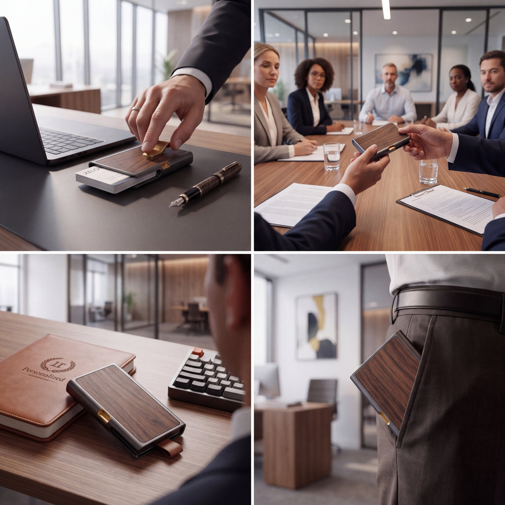 ZELQO™ Aluminum & Wood Business Card Holder – Slim Minimalist Card Case with Leather Pull Tab
