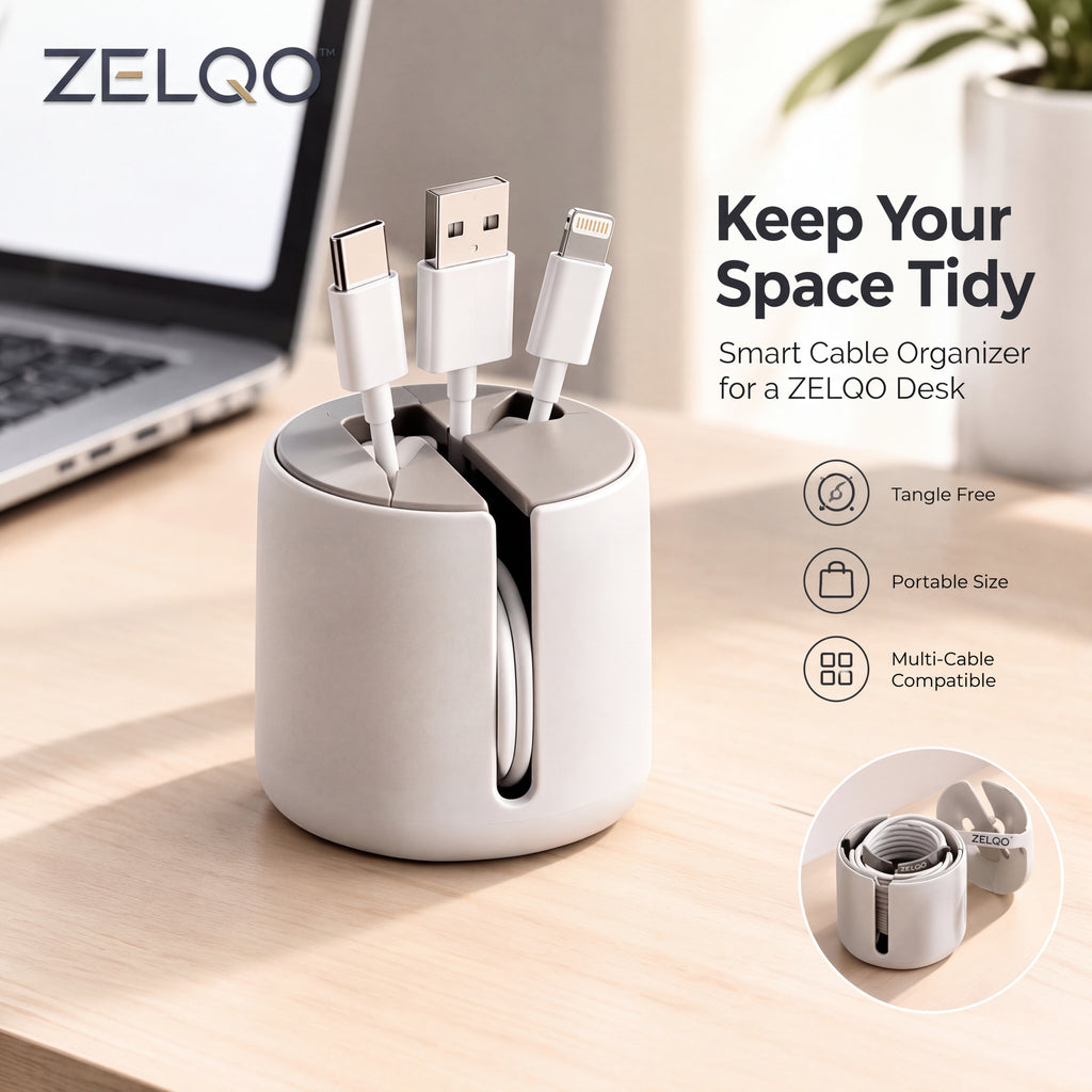 ZELQO Smart Desk Cable Organizer – 3-in-1 Compact Cable Winder & Cord Holder, Minimalist Desktop Wire Management
