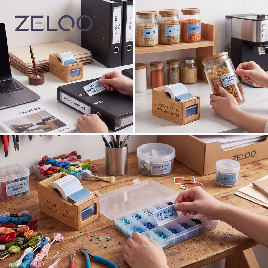 ZELQO™ 🏷️ Bamboo Label Dispenser – Removable Write-On Index Sticker Roll for Office Filing & Desk Organization