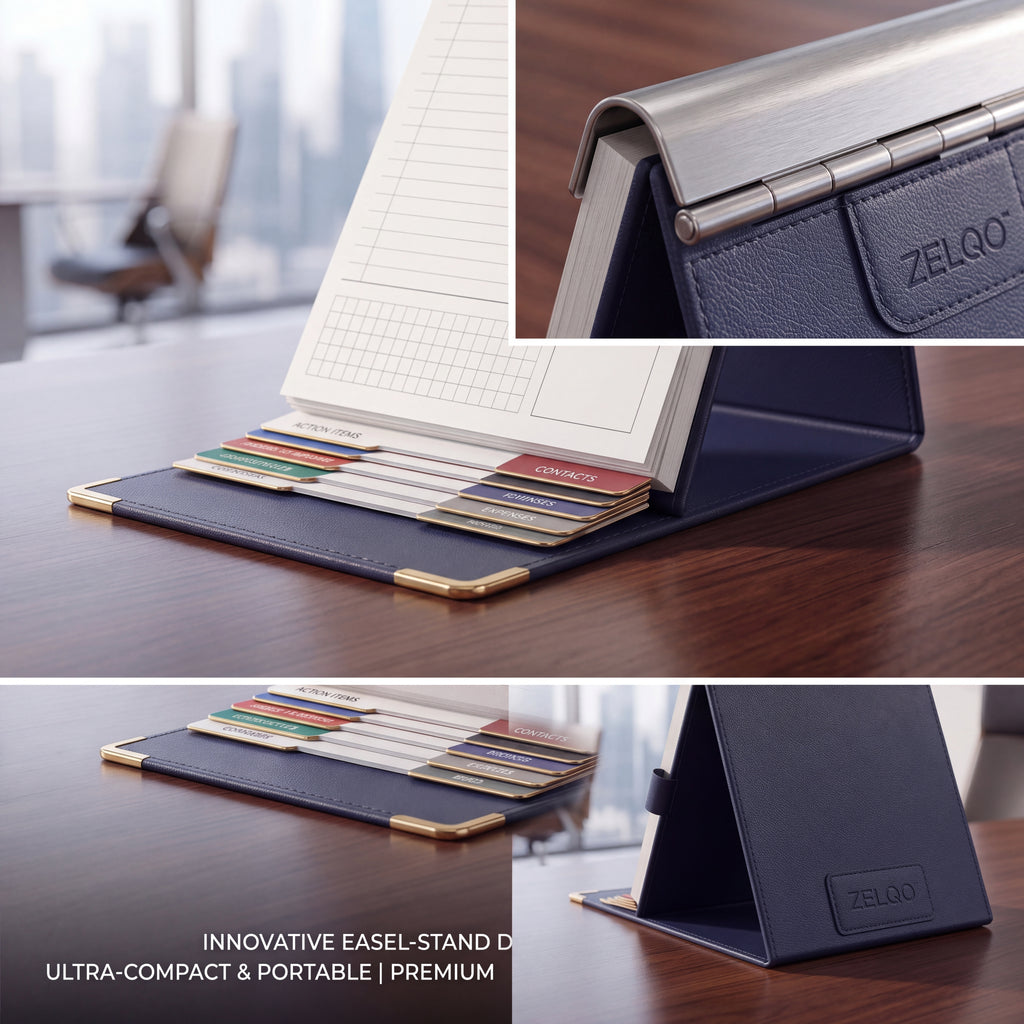ZELQO™ 📓 Flip-Deck Meeting Notebook – Standing Desktop Notepad with Built-In Reference Cards & Pen Loop